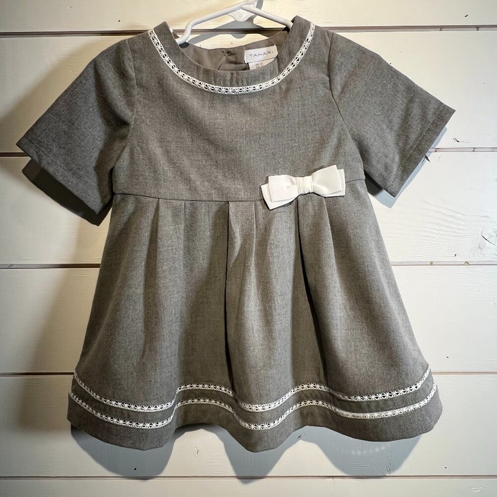 Tahari Girls Dress 3T Gray White Pleated Empire Waist Short Sleeves Bow Lace NWT